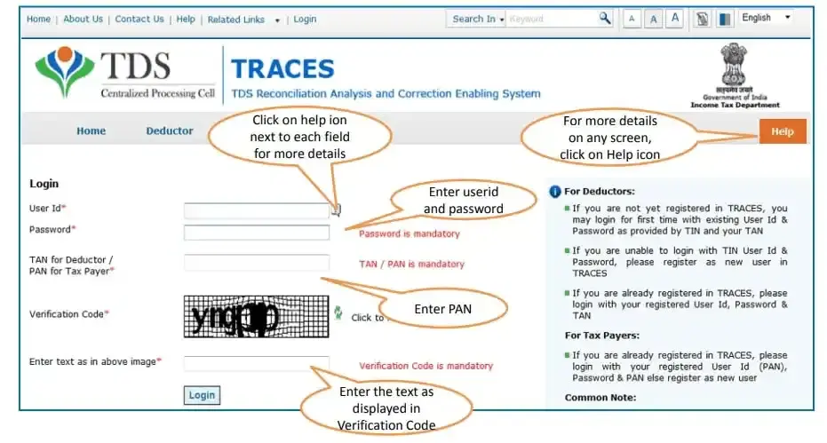 traces login page for taxpayers